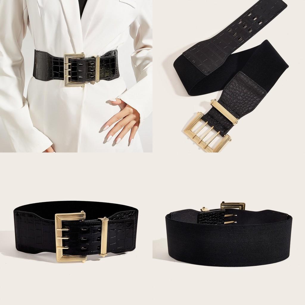 Square Metal Fashion Buckle Decorative Stone Texture Women Casual Wide Waistband