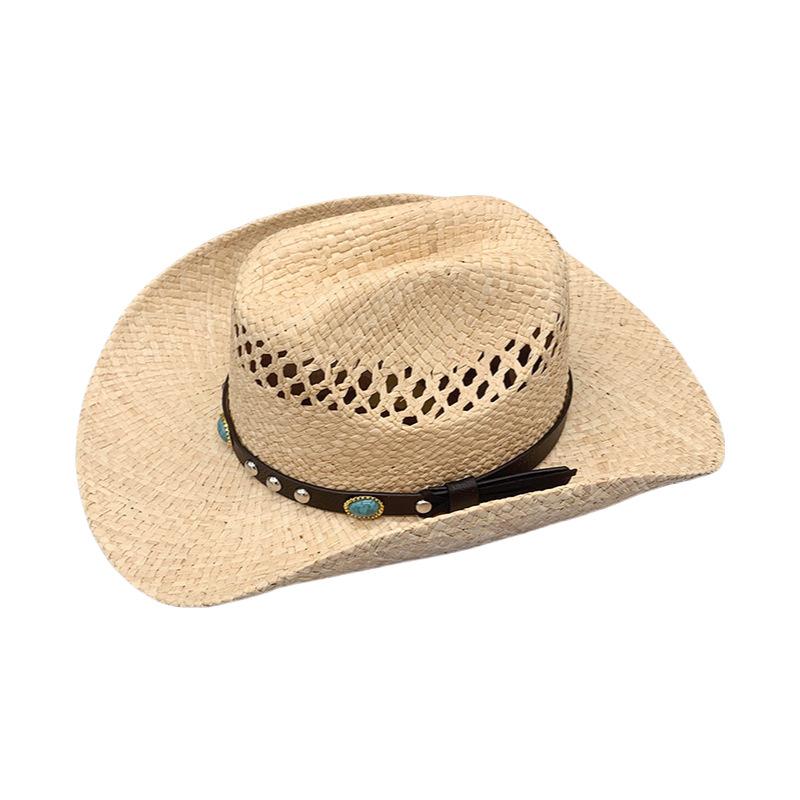 Western Cowboy Hat, Travel Sunshade And Sunscreen Hat, Raffia Hand-Woven Crimped Hat
