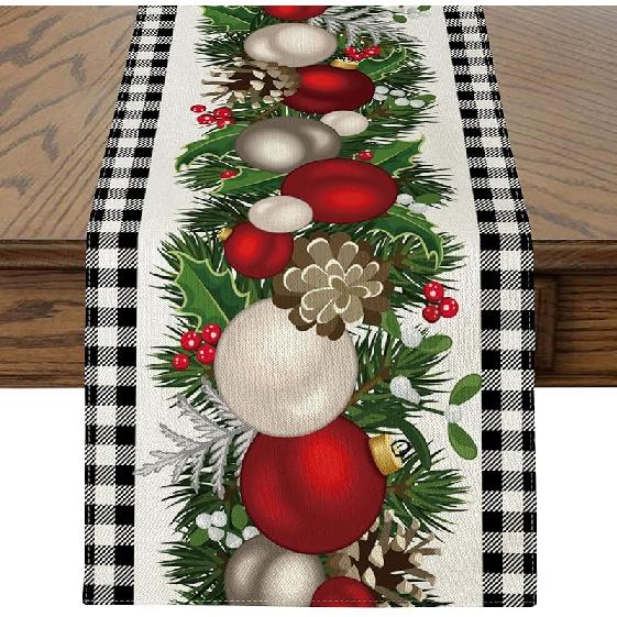 OTOSTAR Christmas Table Runner Buffalo Check Plaid Xmas Balls Runner Winter Holiday Kitchen Dining Table Decoration for Home Party Dining Room Decor 13 ×72