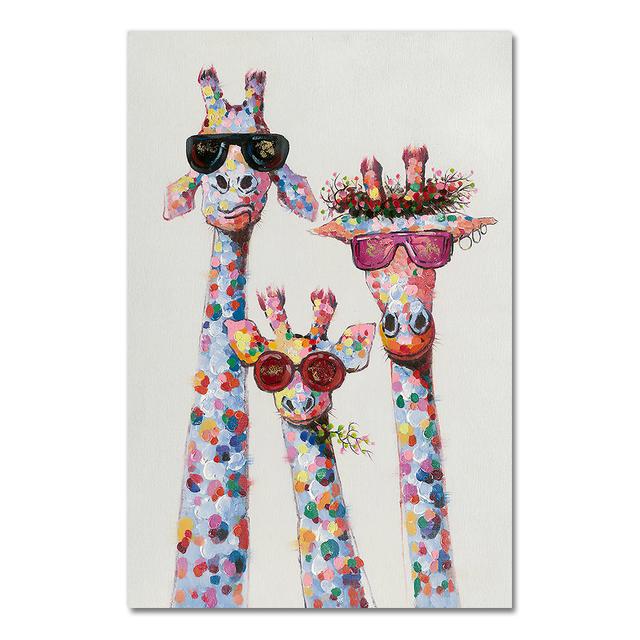 Art Colorful Oil Animal Giraffe A Family With Glasses Painting Canvas Picture Wall Art For Bedding Room No Frame