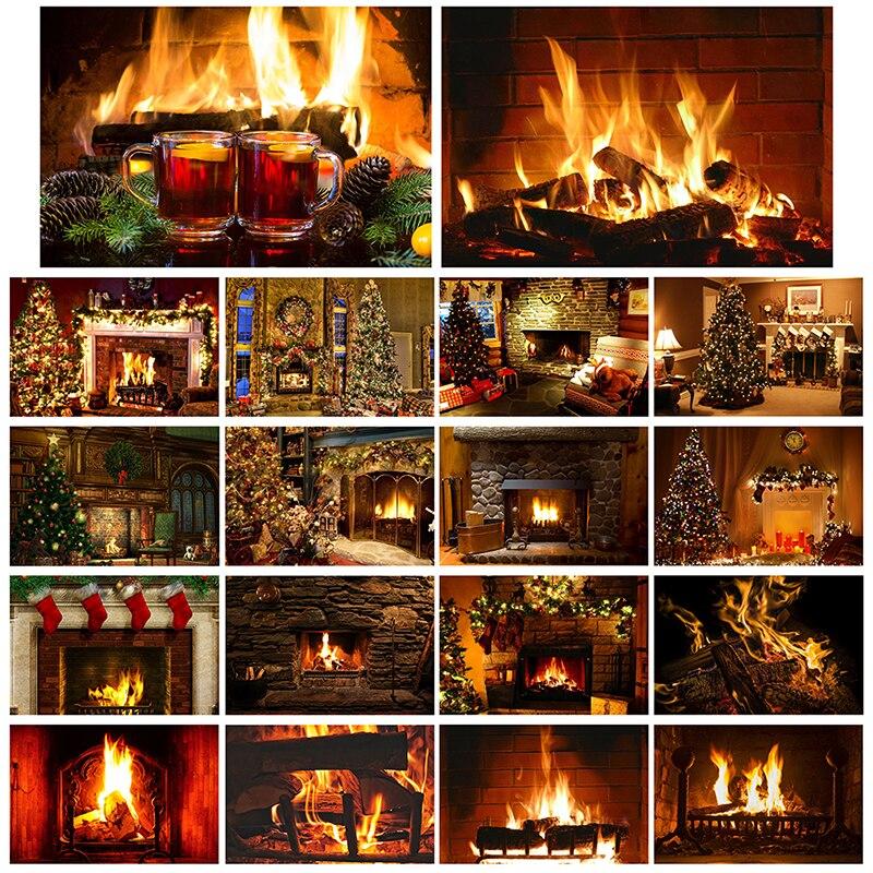Christmas Fireplace Photography Backdrop Xmas Tree Stocking Photo Background Props for Holiday Family Portrait Studio Shoot Video Party Decor