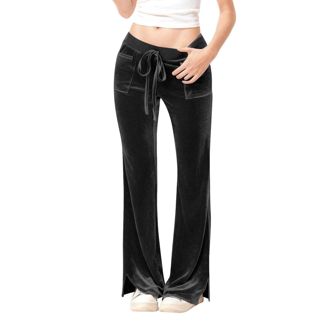Women's Fashion Color Gold Velvet High Waist Drawstring With Pocket Horn Casual Pants