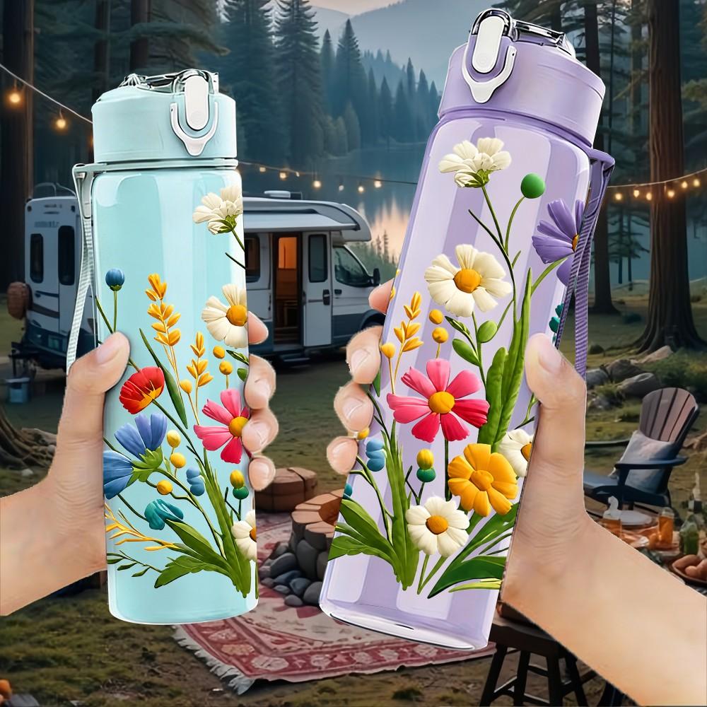 1PC Mixed Wildflower Bouquet Floral Print 750ml Color Plastic Sports Water Bottle Leakproof Flip Straw Lid Suitable for Sports Office Home Use