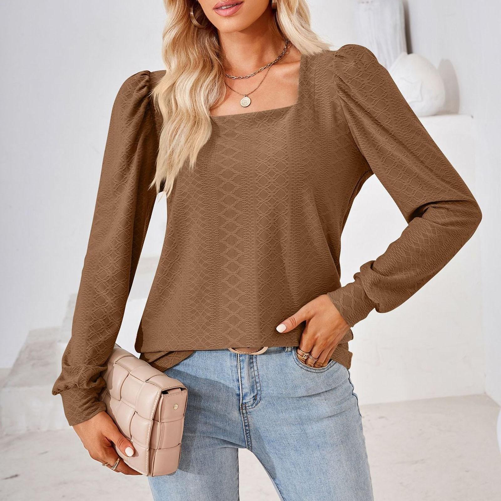 

Женская модная однотонная футболка с длинным рукавом и квадратным вырезом L кофейный