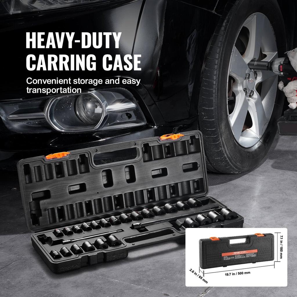 Impact Sockets Set 29pcs 6-Point 3/8in Drive Bit Ratchet Tool Kit Case