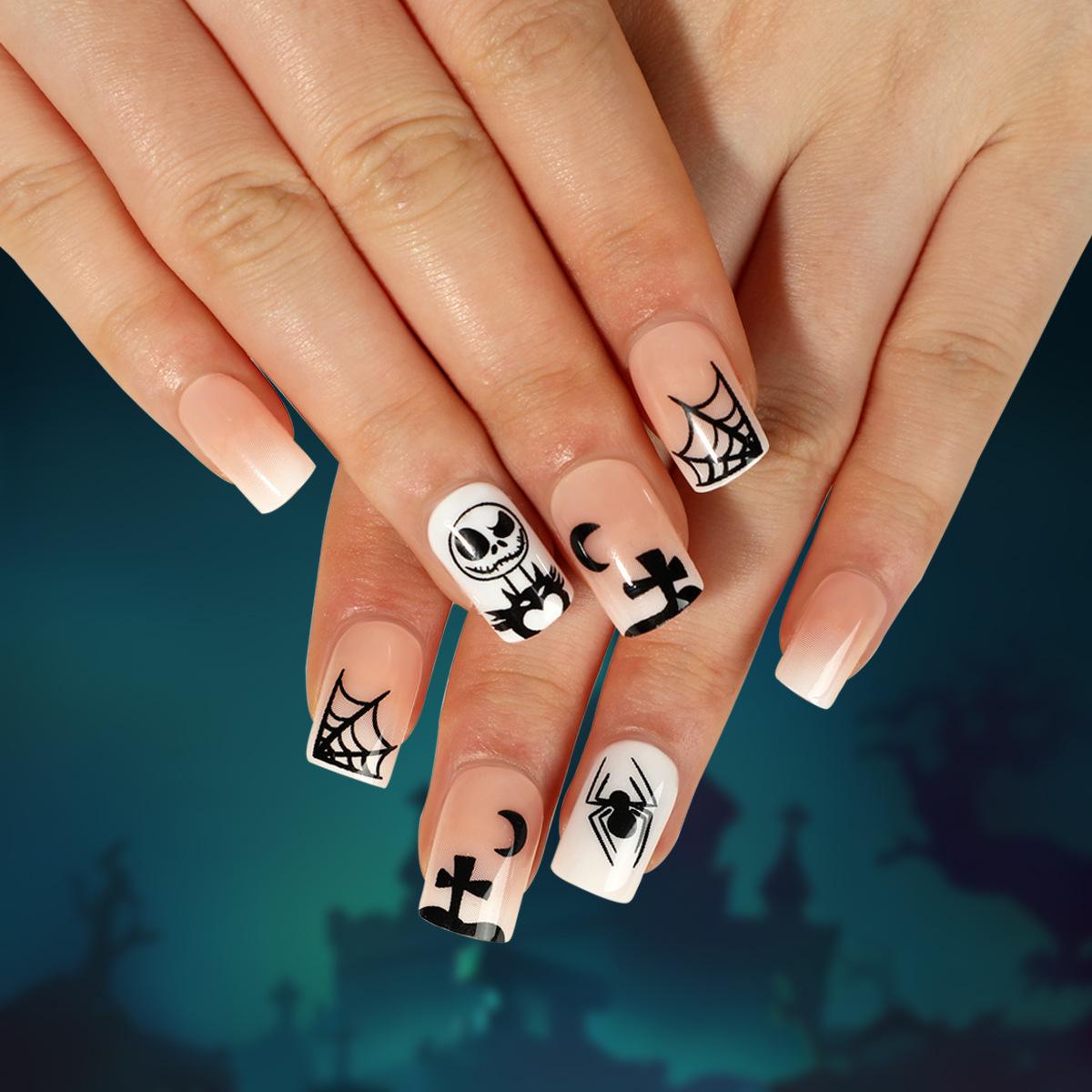 Spooky Halloween Nail Art Set: Spiderweb, Skull, Ghost, Moon & Cross Design Fake Nails With glue