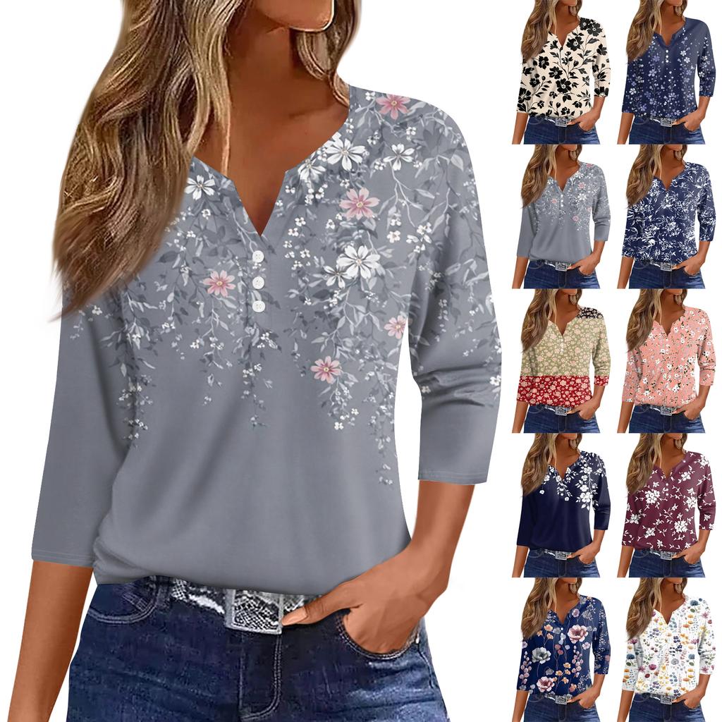 T-shirt da Donna Maglietta Stampata Bottoni Manica Corta Tunica Moda Quotidiana Weekend Base Scollo a V Top Regolare