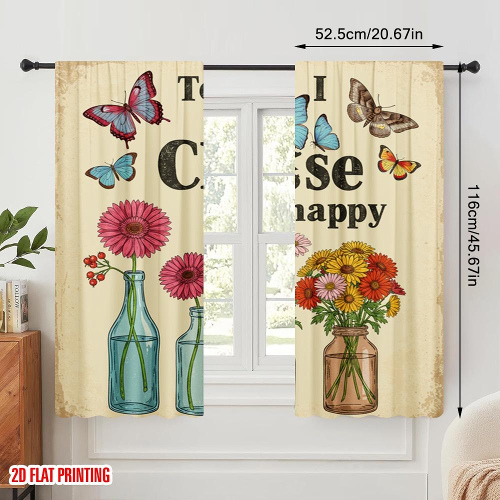 2pcs 2D Flat Printing Window Curtains Today I Choose Happy Butterflies Flowers Polyester Without Electricity Party Decorations