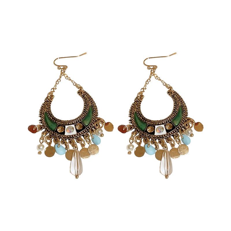 Bohemian Resin Diamond Moon Tassel Earrings - Retro Ethnic Style for Women