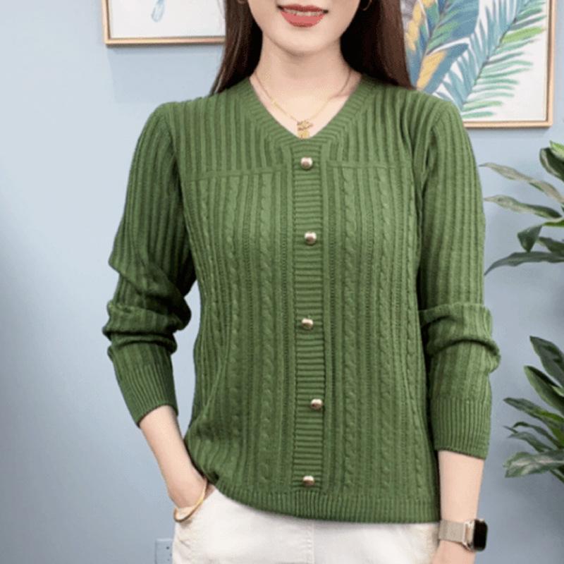 Autumn Women's Knitted Sweater Long Sleeve Design Loose Knitted Top V-Neck Medium Length Sweater