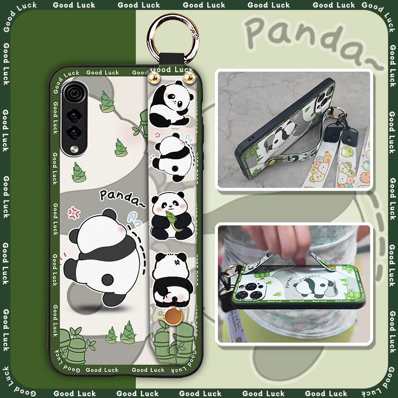 Shockproof Wrist Strap Phone Case For LG Velvet 4G/5G Silicone Soft case Durable Kickstand Cartoon Lanyard Panda Ring