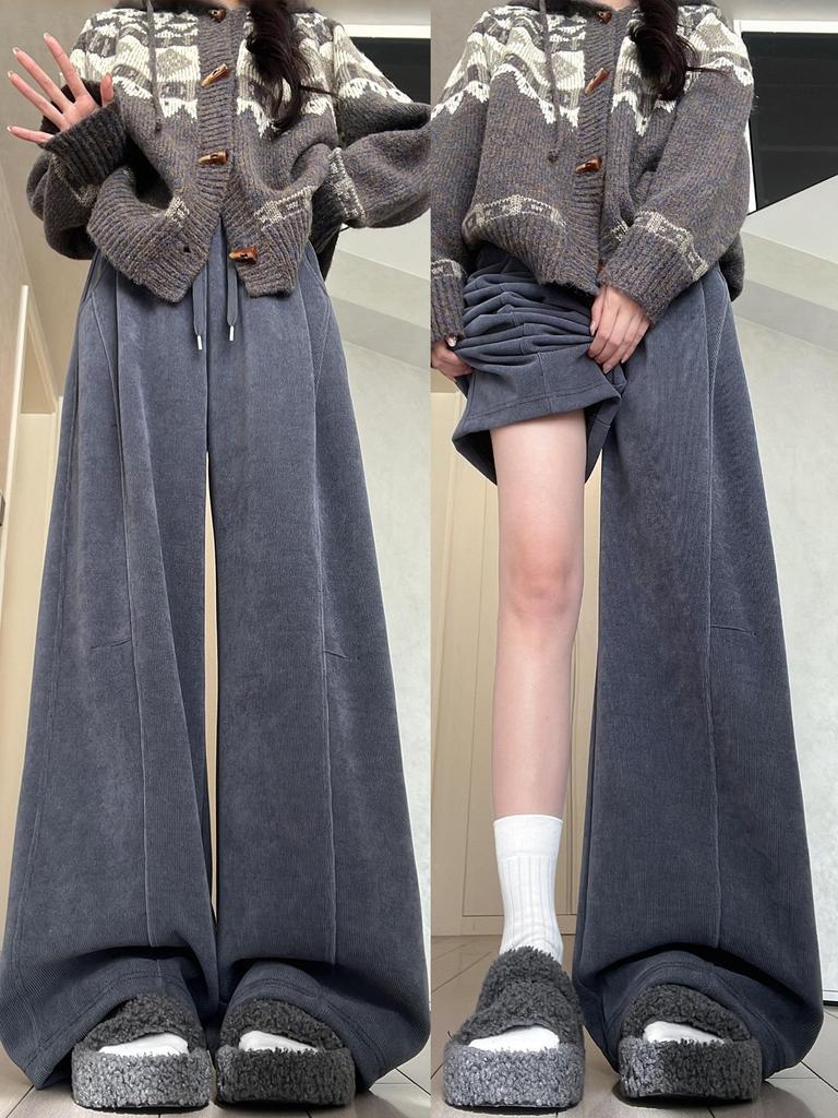 Women's High-Waisted Gray Corduroy Wide-Leg Pants - Autumn/Winter Plus Velvet Thickened Long-Leg Sports Sweatpants
