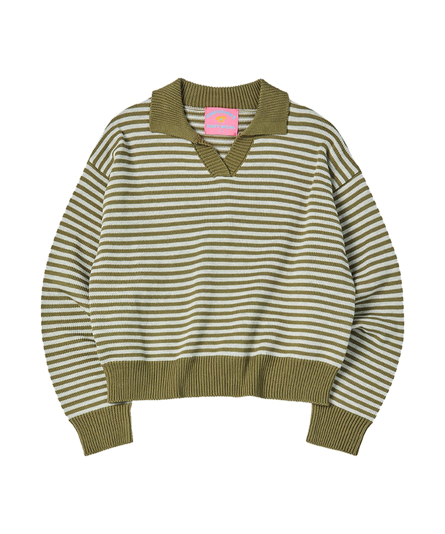 Comoni Nose W Stripe Collar Knit [Khaki] Khaki/Free