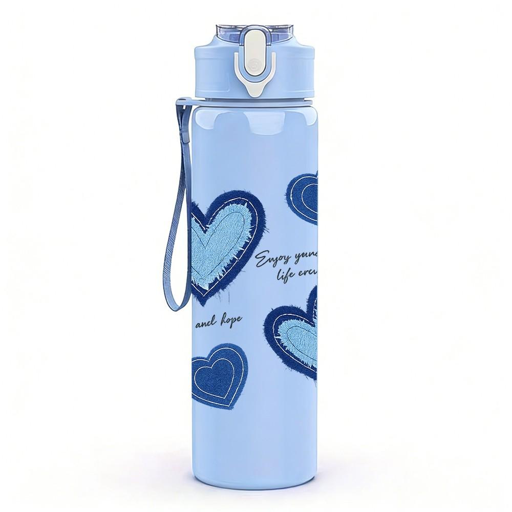 1PC Stacked Blue Pastel Heart Print 750ml Color Plastic Sports Water Bottle Leakproof Flip Straw Lid Suitable for Sports Office Home Use