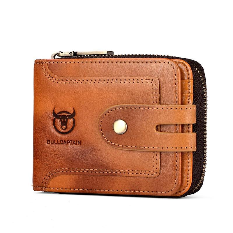 BULLCAPTAIN Men's Genuine Leather Short Zipper Wallet - Multi-Function Organizer with ID Card Holder | Premium Vintage Style
