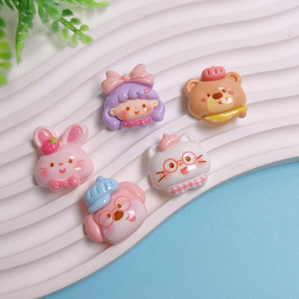 Kawaii Cartoon Resin Flatbacks - Lovely Dog Rabbit Bear Cat Girls Head Cabochons Embellishments for Scrapbooking Hair Clip Decor