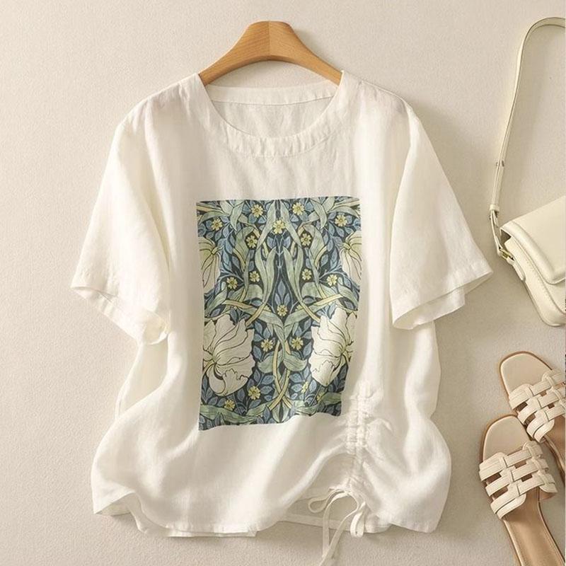 Cotton Short Sleeve T-Shirt Women Summer Hemp Printed Drawstring Loose Casual Round Neck Pullover Tops