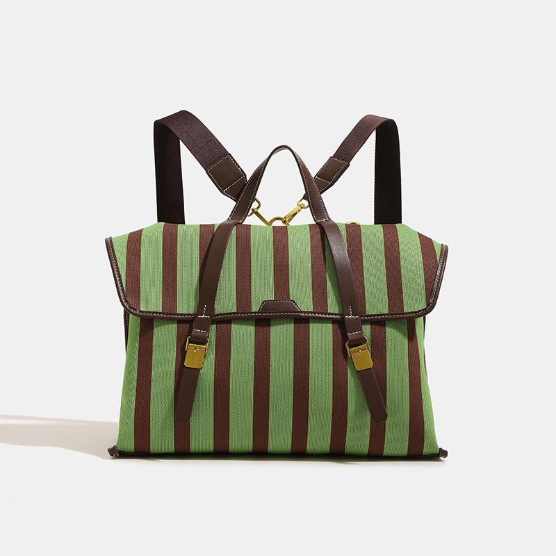 Fashion Tote Bag Brand Color-blocked Striped Briefcase Retro Crossbody Shoulder Bag Canvas Travel Bag Metal Buckle Flap Backpack