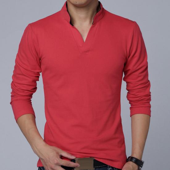 Solid Color Men Plus Size Stand Collar V Neck Long Sleeve T-Shirt Slim Fit Top