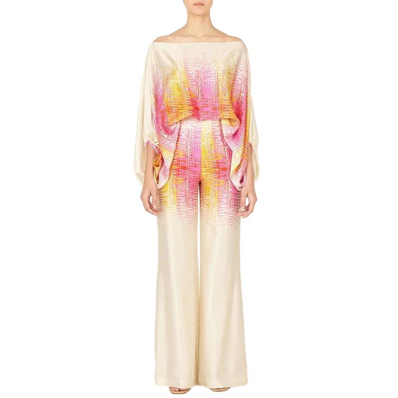 D9713 Women's Casual Satin Print One-Shoulder Top & Long Pants Two-Piece Set