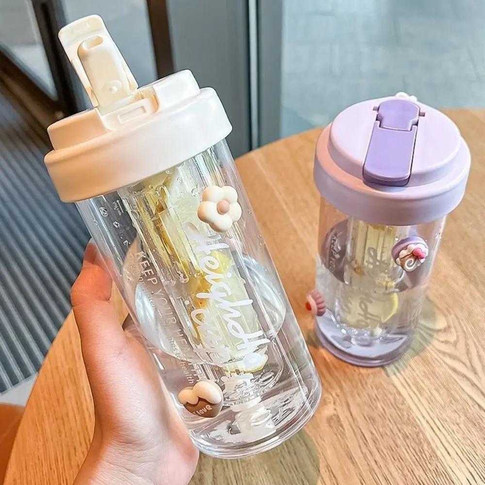 Portable Plastic Large Capacity Fruit Drink Bottles 600ml Water Bottle Transparent Folding Straw Water Bottle SummerWater Bottle