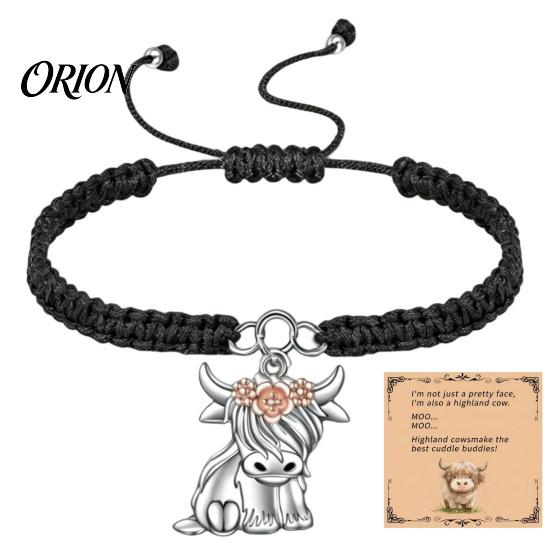 Small Animal Themed Gifts Cute Highland Cow Bracelet for Women, Metal Charm Adjustable Woven Rope Wristband with Card, Handmade Braided String