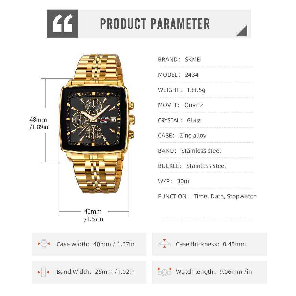 Skmei Luxury Quartz Mens Casual Top Brand Square Watches Movement Waterproof Mens Wristwatches Date Week Display Male Clock