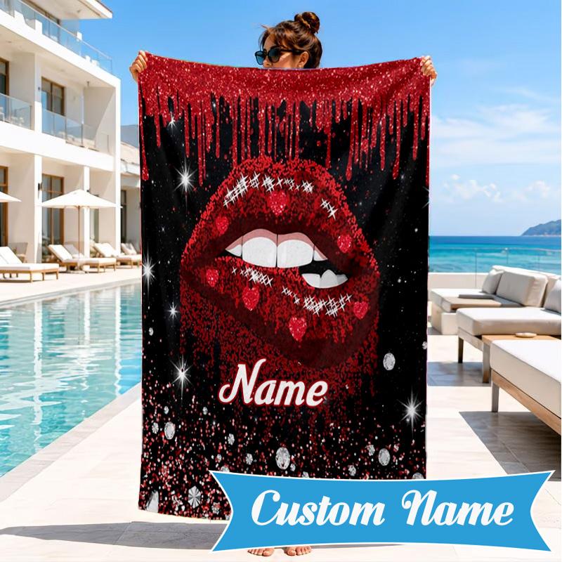 Custom Name Red Lips Art Beach Towel Microfiber Beach Towel, Lightweight and Quick-Dry, for Summer Travel, Swimming Pool Gift