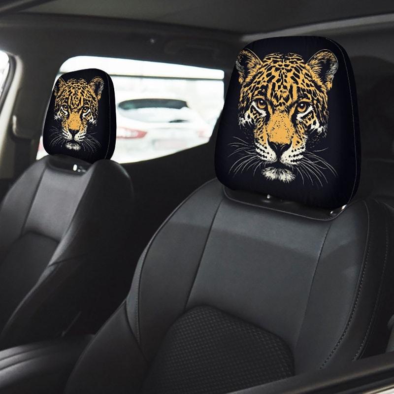 Headrest Cover Pair for Car Cabin Style, Animal Face Print on Polyester Fabric with Slip-On Elastic Edge Design for Daily Driving and Plain Headrest
