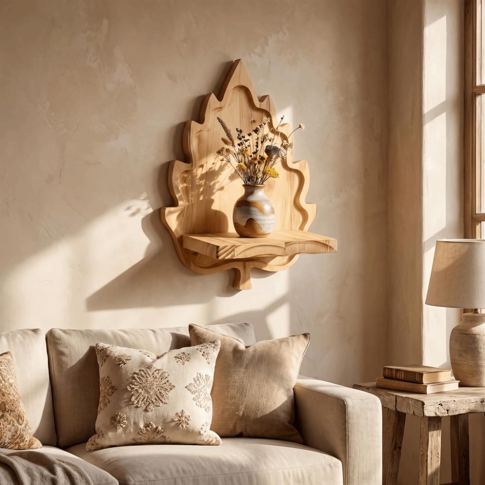 Stable Wooden Leaf Floating Shelf Wooden Wall Display Shelf Plants Display Stand  for Living Room