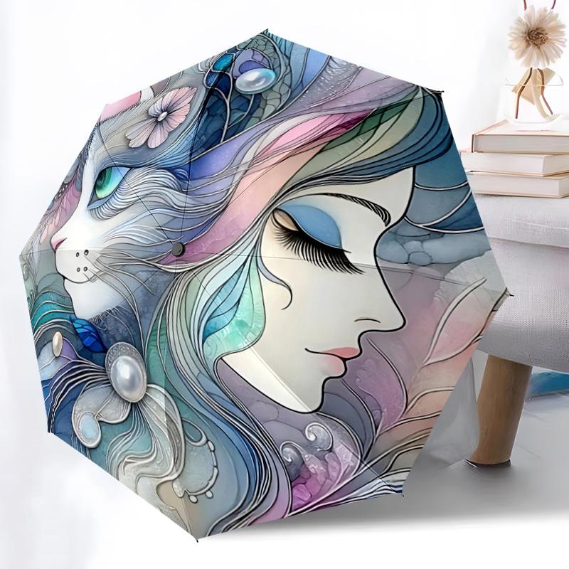 1pc Floral Fantasy Unique Cat & Flower Design Automatic Folding Umbrella, Perfect for Fans, Travelers, Everyday Use, Festive Gift with 8-Bone Iro