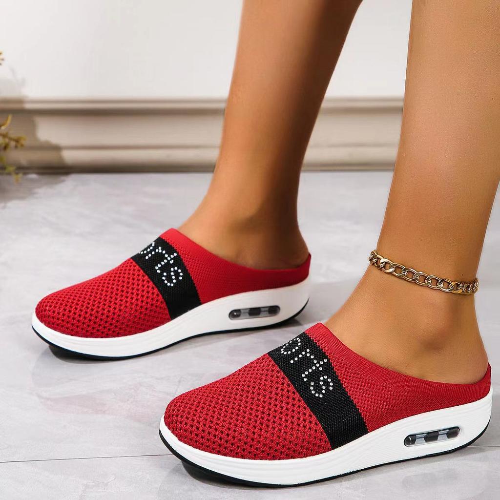 2025 New Women's Wedge Slippers Fly-woven Half-pack Breathable Slippers Foreign Trade Casual Fly-woven Air Cushion Slippers