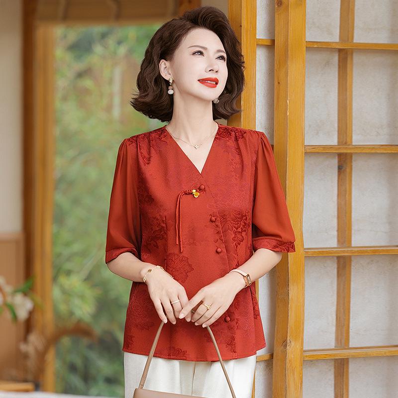 

Stylish Summer Chinese Style T-Shirt for Middle-Aged and Elderly Mothers Orange Red