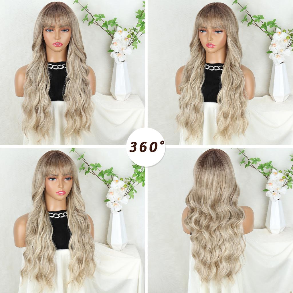 MERISIHAIR Synthetic Long Wavy Wigs With Bangs For Women Cosplay Natural Brown To Light Grey Hair Wig High Temperature Fiber