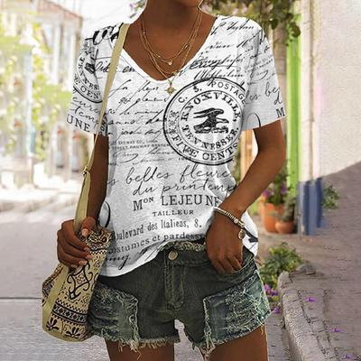 Vintage Schwarz-Weiß-Buchstabendruck Damen-T-Shirts Design Weibliches V-Ausschnitt-Oberteil Übergröße Hemd Sommer Damenbekleidung Lässig