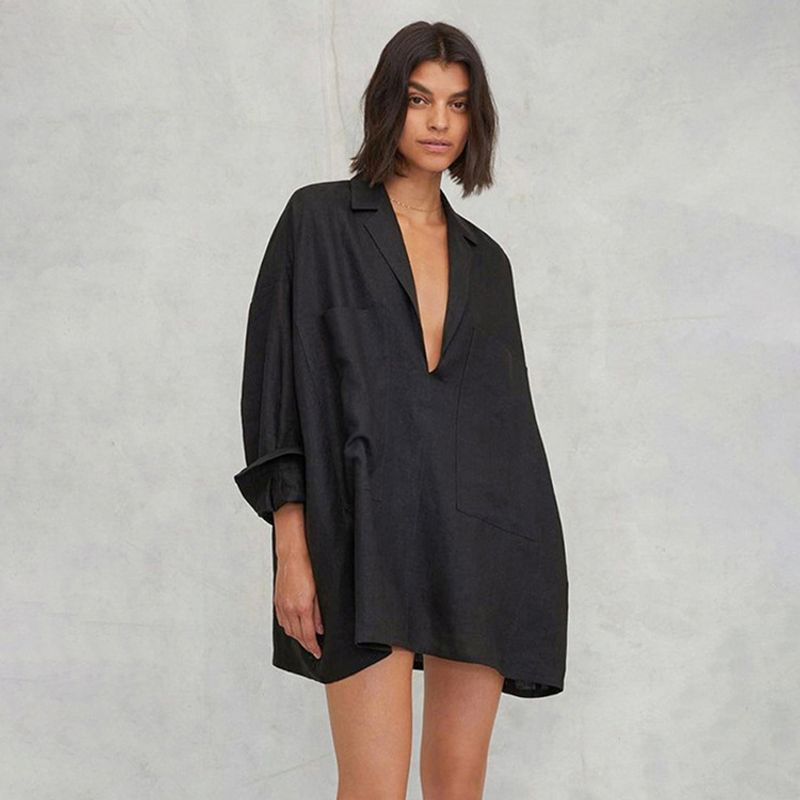 

Transition Sexy Long Sleeves Pocket Low Cut Shirt Dress New Arrival Lapel Short Dress Loose Little Black Dress Black S