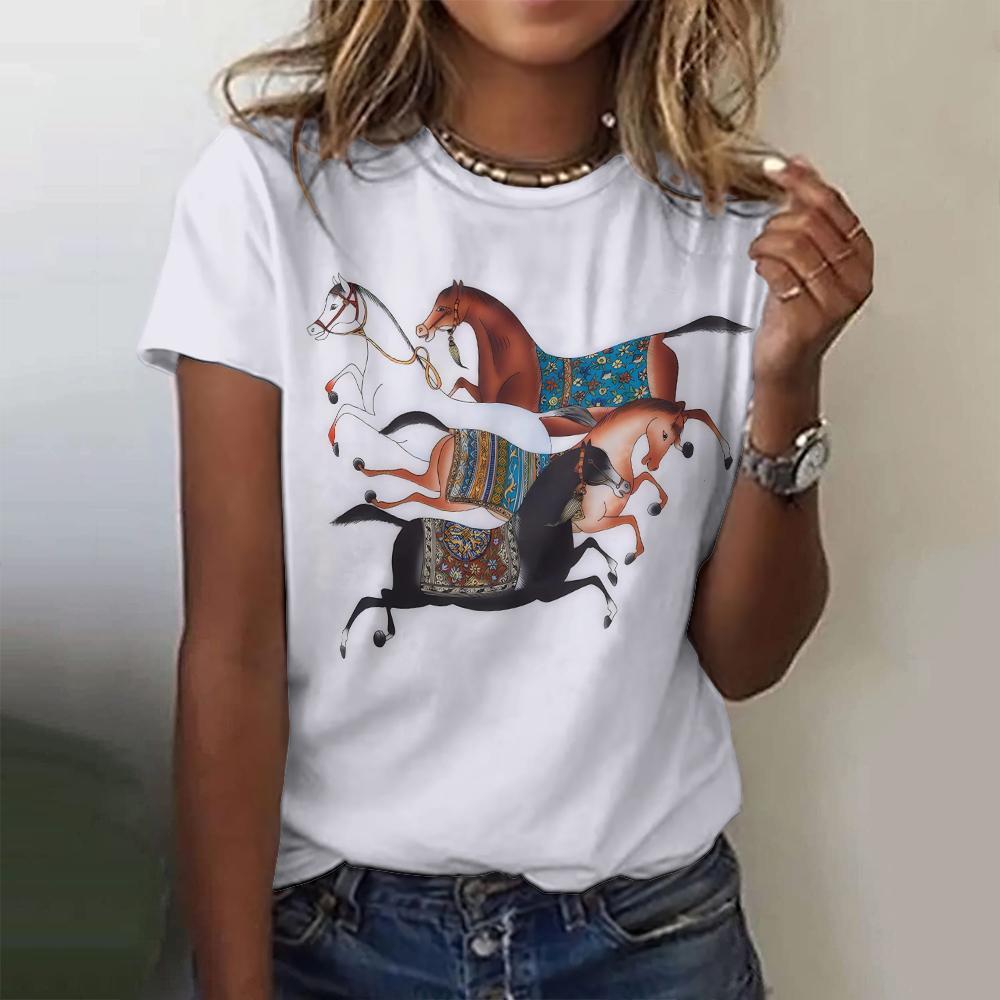 New Vintage Women Summer Cartoon Horse Print T-Shirt Oversized Women's Trending Clothing Fashion Short Sleeve Shirt Crew Top
