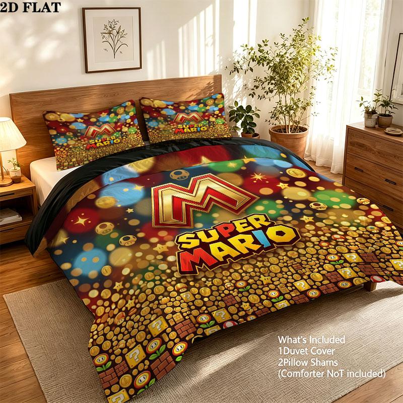 Super Mario Pattern Bedding Quilt Set Quilt Cover Pillowcase Home Birthday Gift(1 * duvet cover + 2 * pillowcase, without core)