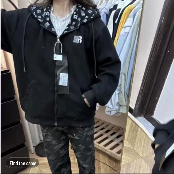 Женский осенний прохладный худи-кардиган с вышивкой букв M чёрный