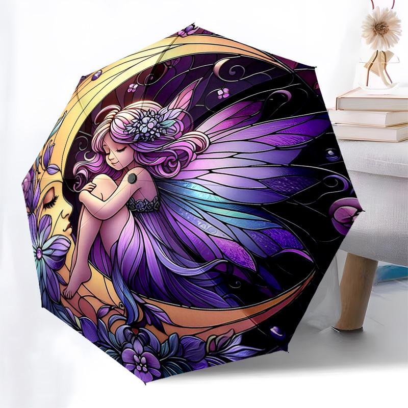 

1pc Stained Glass Fairy Moon Umbrella - Automatic Opening/Closing, Portable 3-Fold Design, 8-Rib Iron Frame, Outdoor, Festival Gift for Fans, Traveler
