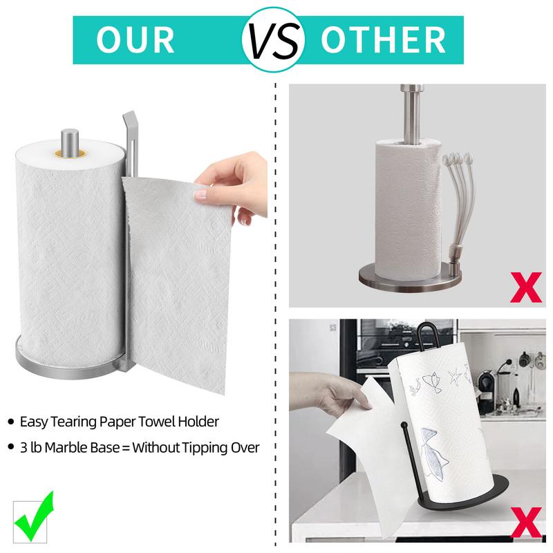 Marble & Stainless Steel Paper Towel Holder - No-Drill Vertical Nordic Stand for Kitchen Foil, Wrap and Paper Roll Storage