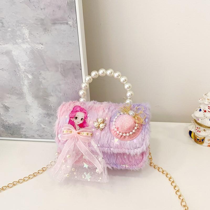 Princess Pearl Fashion Bag Kids Shoulder Bag With Plush Fabric For Use Outings