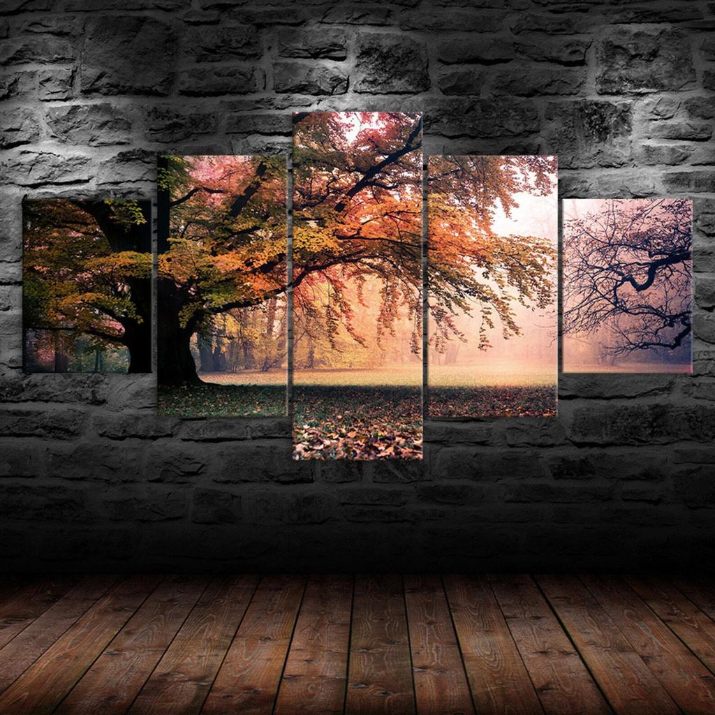 Autumn Forest Tree Majestic Scenery 5 Piece Canvas Wall Art Multi Panel Print Modern Poster Home Decor Picture Gift For Him For Her