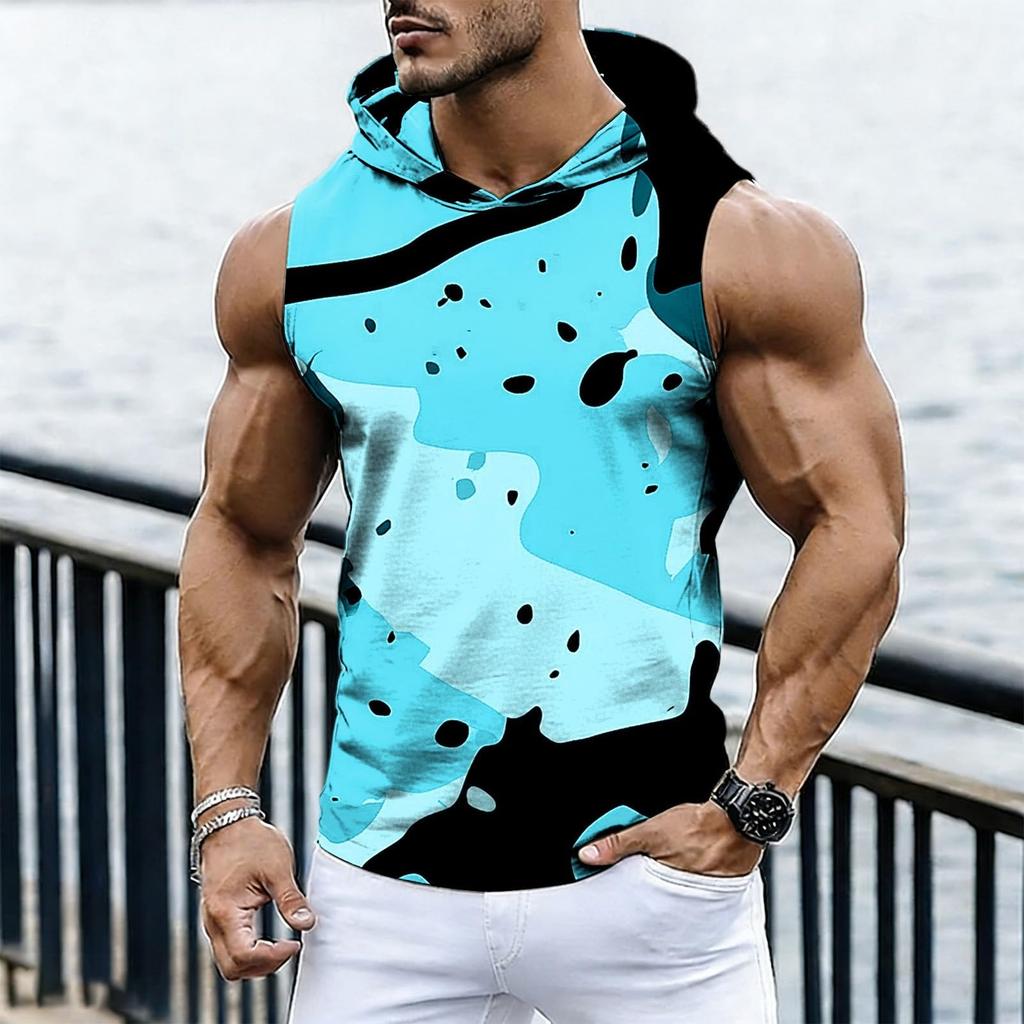 Men's Casual Fashion Printed Sleeveless Hooded Tops | Lightweight Summer Hooded Tank Tops
