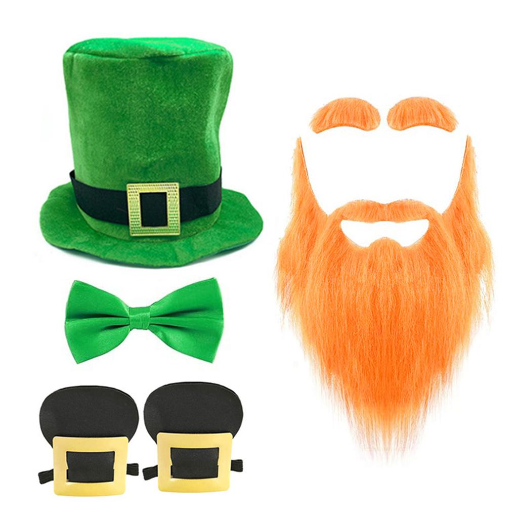 Green Tall Hat Beard for Saint Patrick Day with Bowtie Festival Decors Irish National Day Gathering Party Costume Props