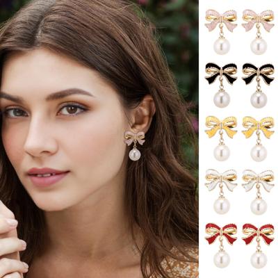 Náušnice s mašličkou pro ženy Umělé perlové náušnice s mašličkou Valentýnské šperky Doplňky Dárky pro dívky