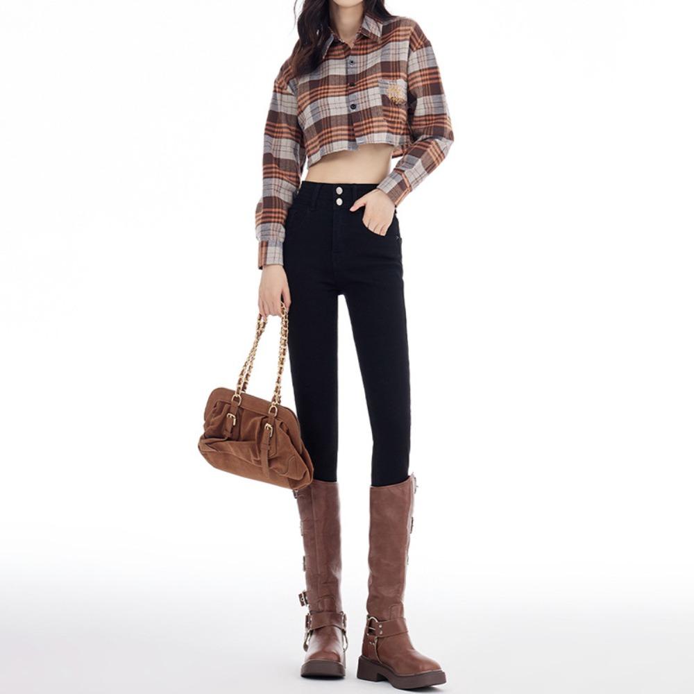 Korean version of autumn and winter 2025 new high-waisted double-button tight pencil pants women's thin and versatile denim pants