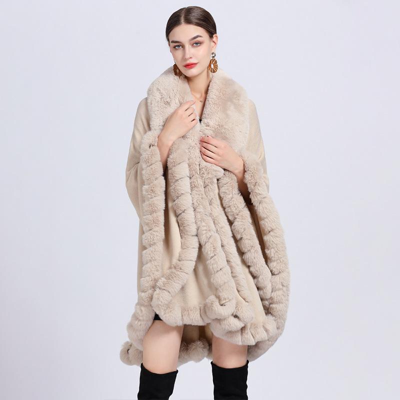 Women's Imitation Rex Rabbit Fur Collar Shawl Cape - Large Size, Knitted Loose Fit Cardigan for Autumn and Winter
