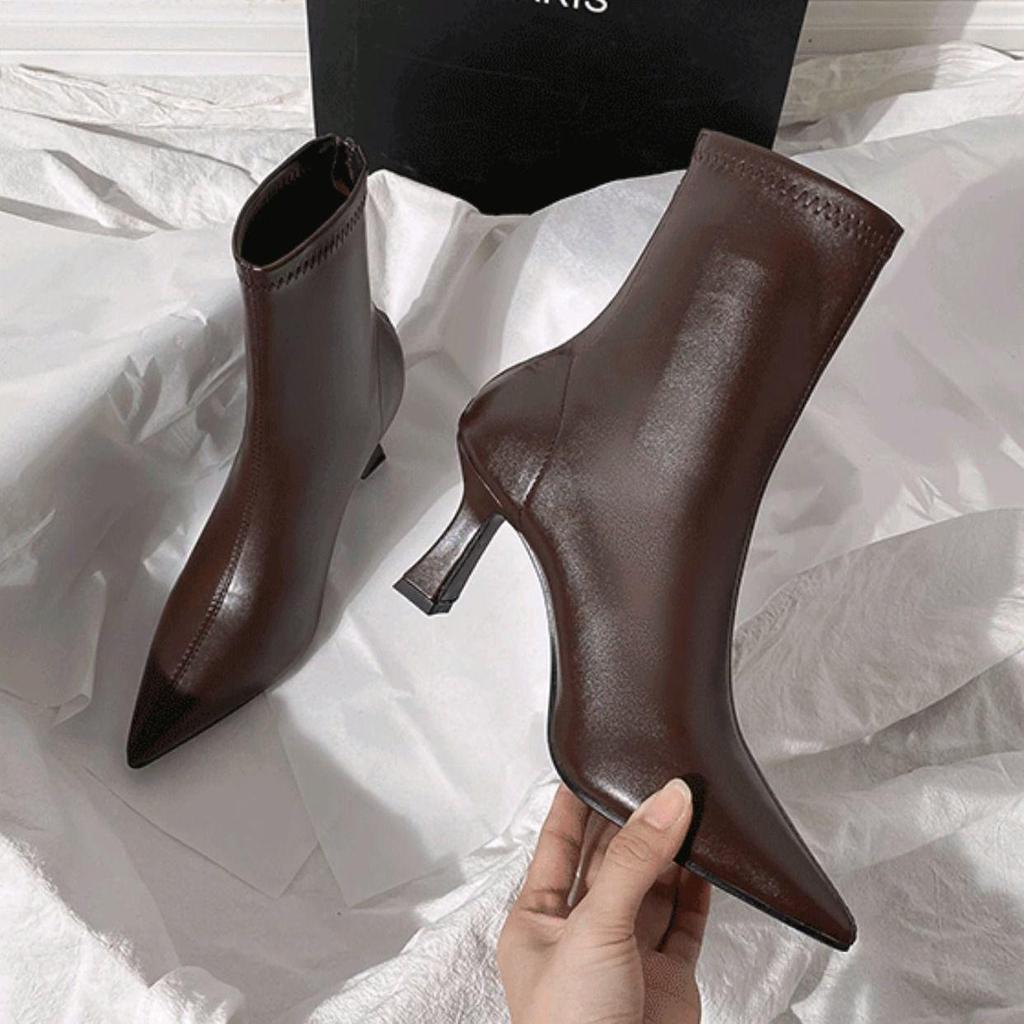 Women's High Heel Stiletto Ankle Boots - Brown/Beige, Early Autumn, Pointed Toe, Elastic Fit, Chic Style.