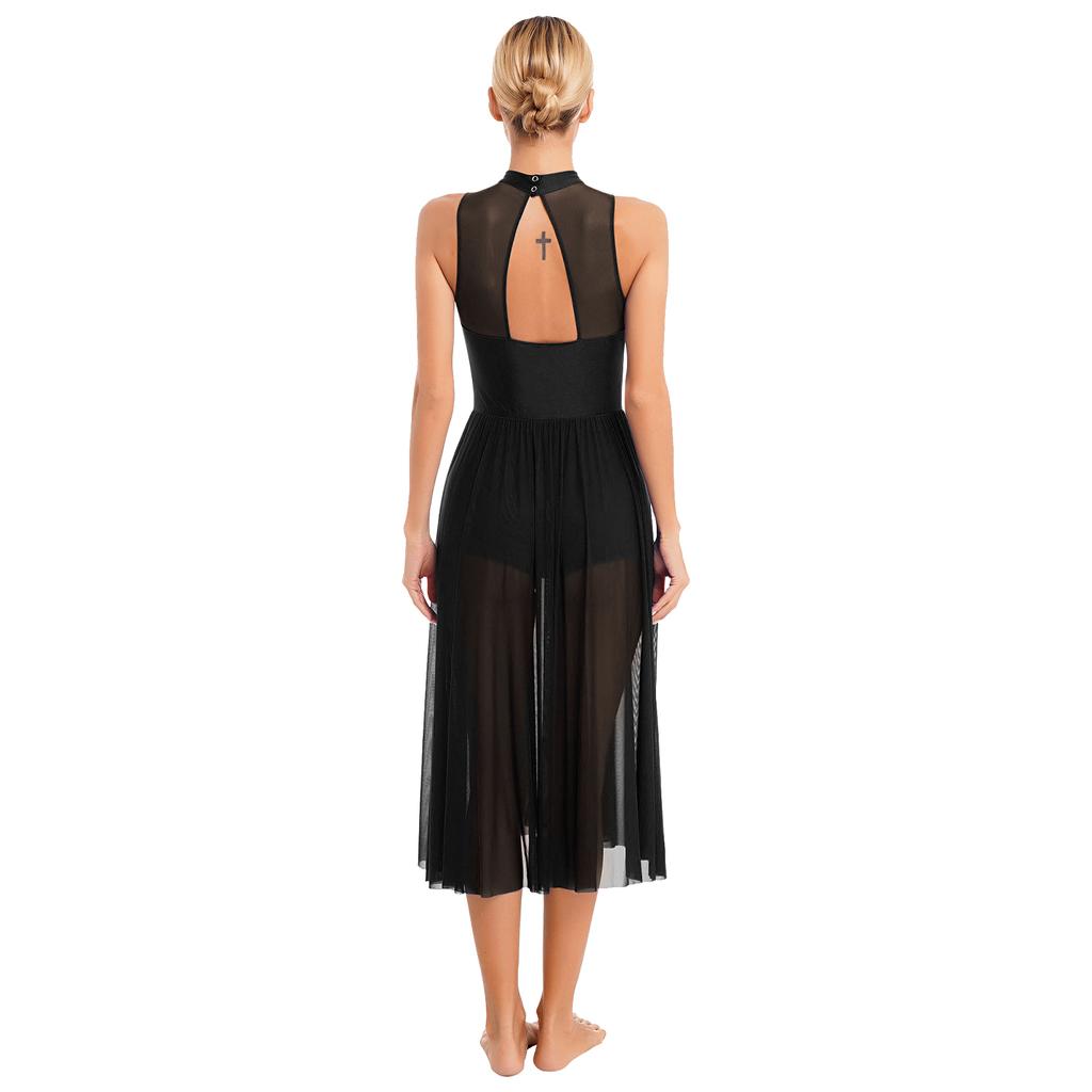 Womens Dance Performance Costume Sparkly Rhinestone Sleeveless Dress Mock Neck Back Keyhole Side Split Dresses